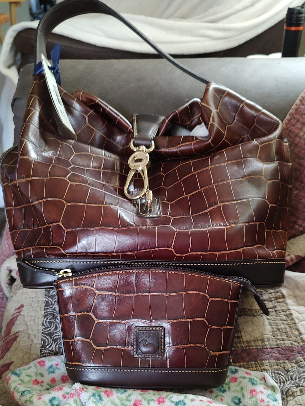 Dooney And Bourke Croc Embossed Leather Purse And Makeup Bag